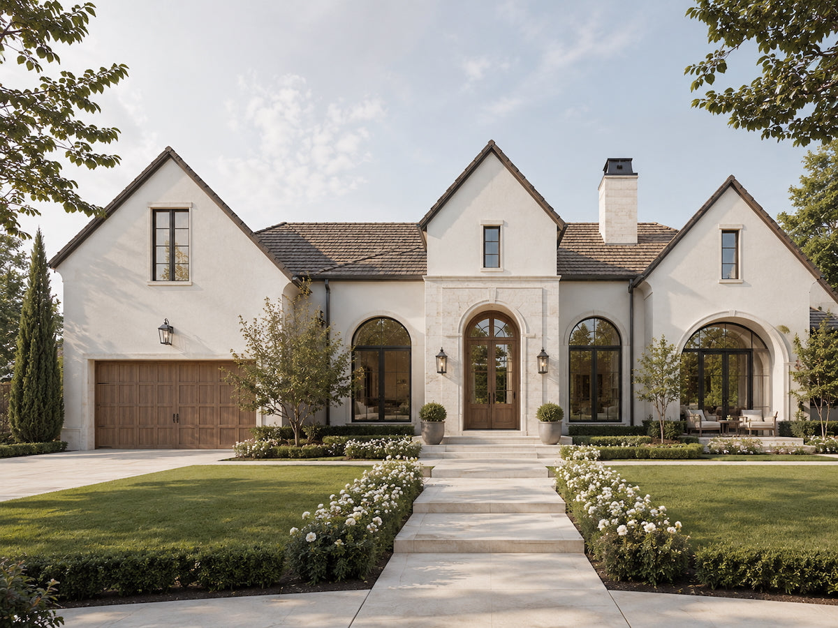 Home of the Month exterior — warm European-style home with arched openings, gables, and pale stucco