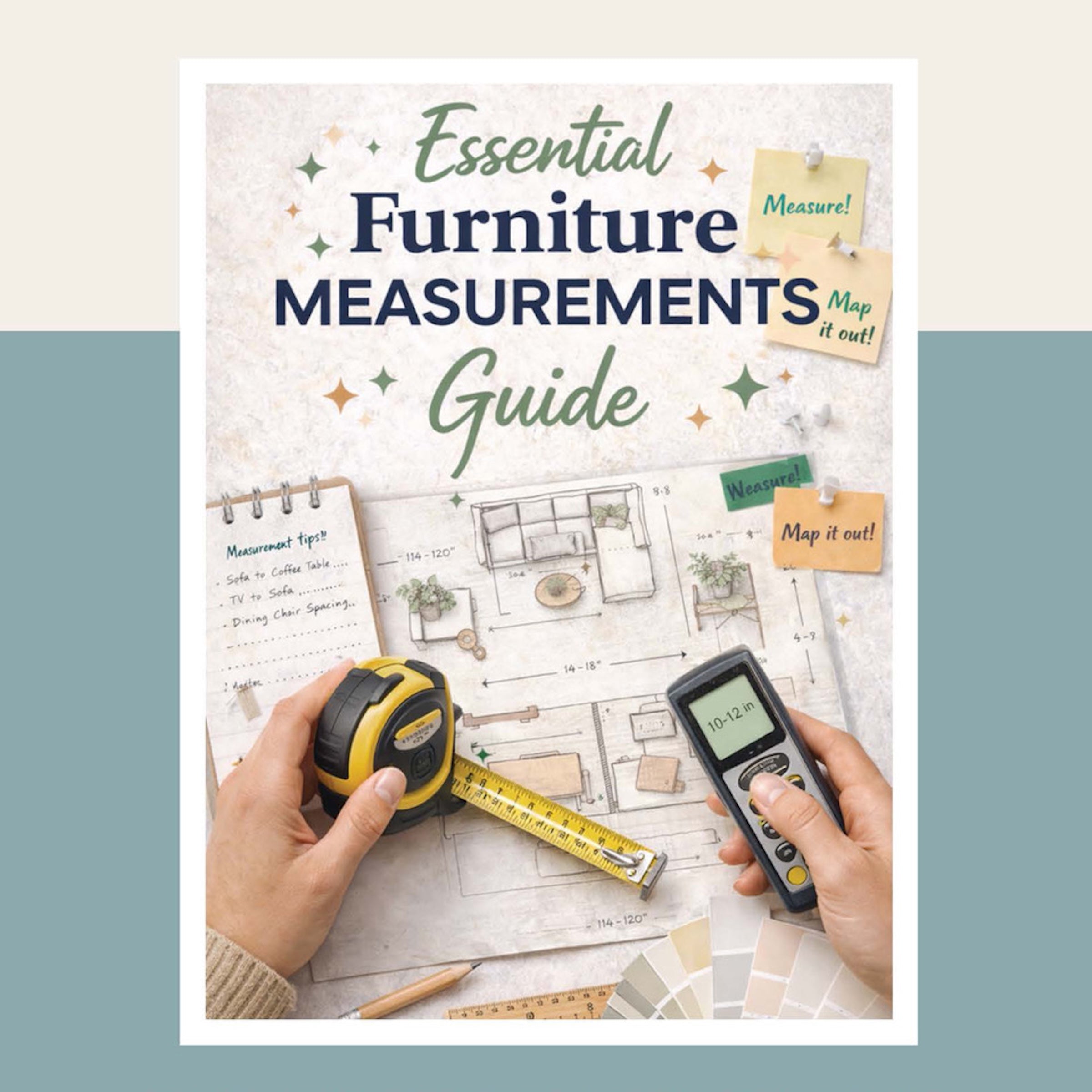 Essential Furniture Measurements Guide — paid interior design measurements and spacing guide cover from Real Design Help